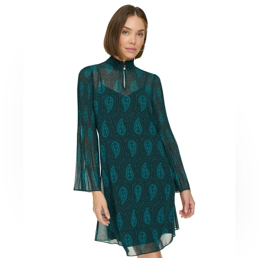 Tommy Hilfiger Paisley Chiffon Shift Dress Cypress Green 6 NWT Designer Office - Picture 5 of 7